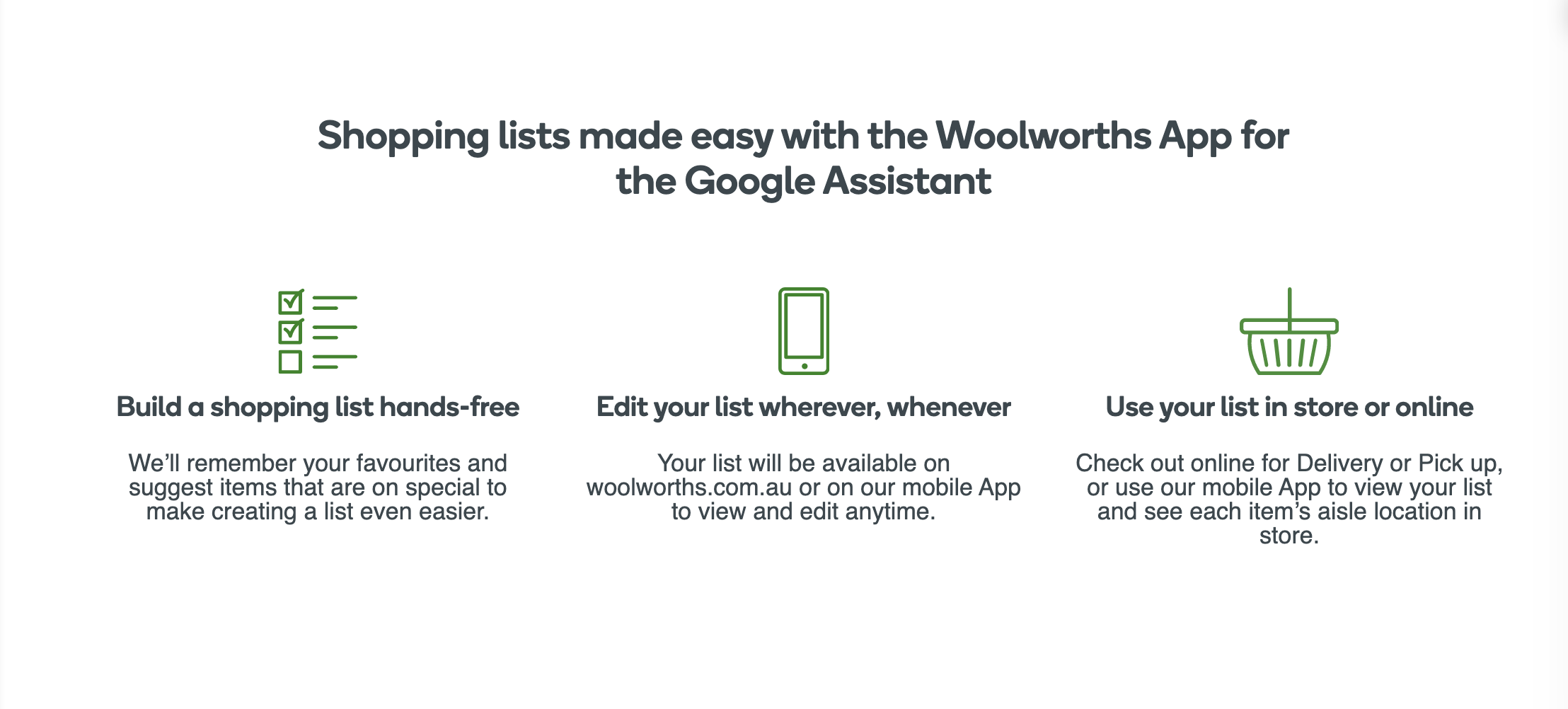 Woolworths app shopping list for the Google Assistant