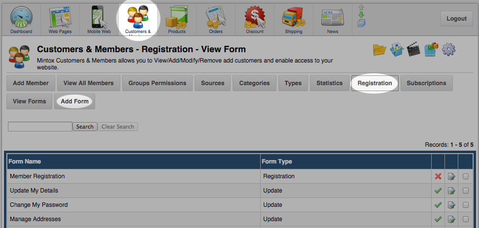 Customers and Members registration form screenshot Mintox instructions